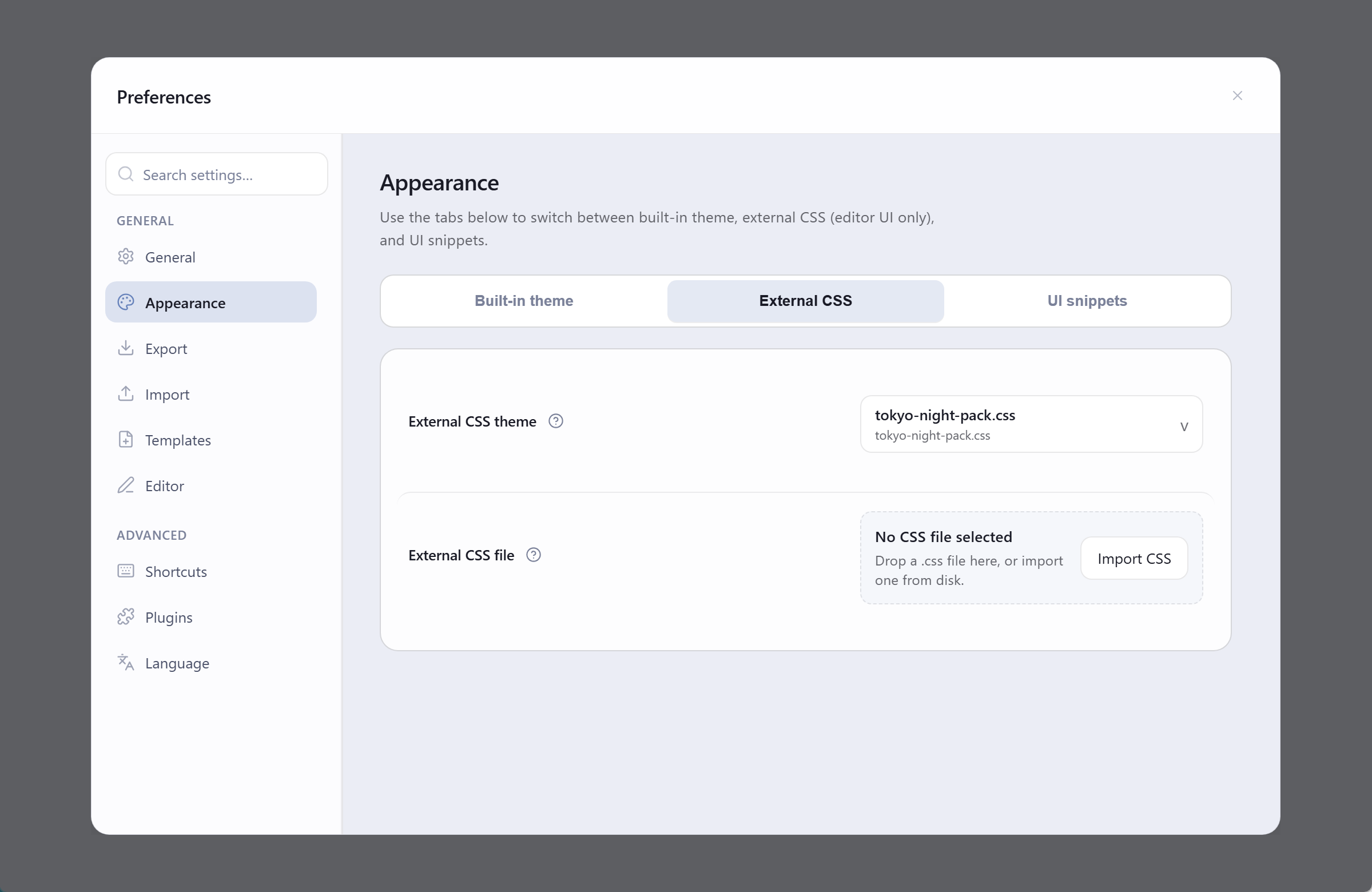 Lunote Preferences showing built-in themes, external CSS, and UI snippets