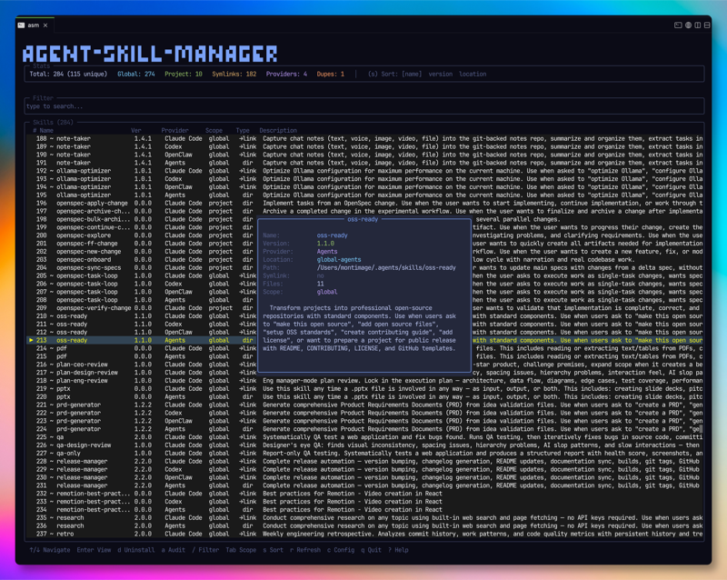 asm TUI — browsing installed skills across providers
