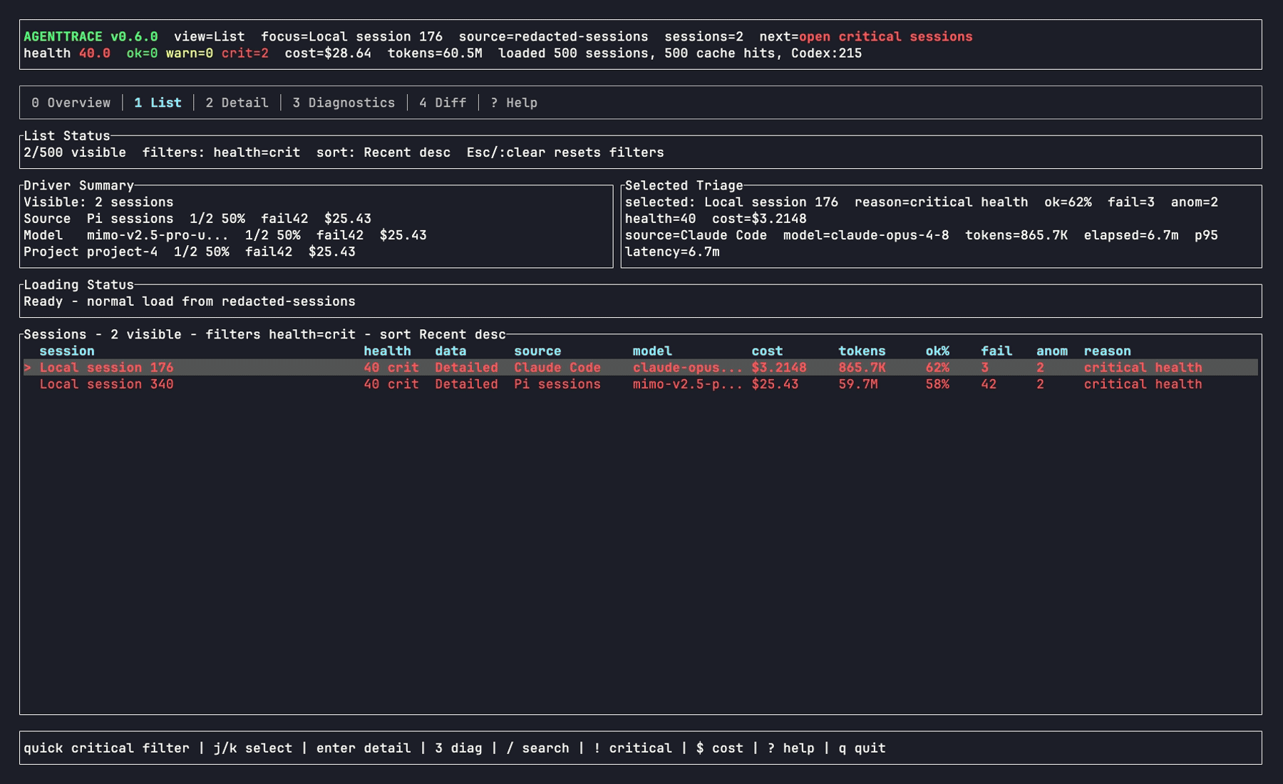 agenttrace critical session list from real local AI coding agent logs