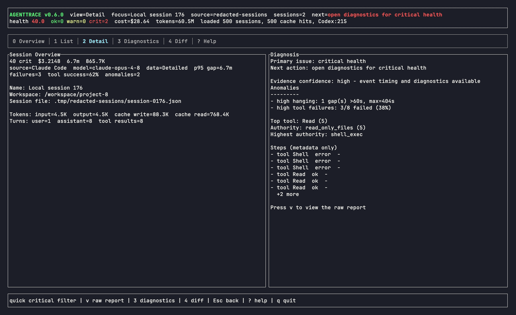 agenttrace detail view showing health, cost, tool failures, and next action from a real local session