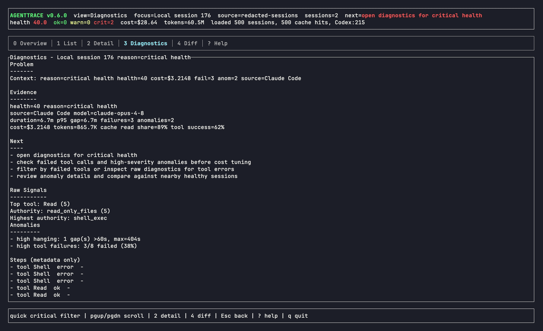 agenttrace diagnostics view showing latency, context window, and large parameter calls from real local logs
