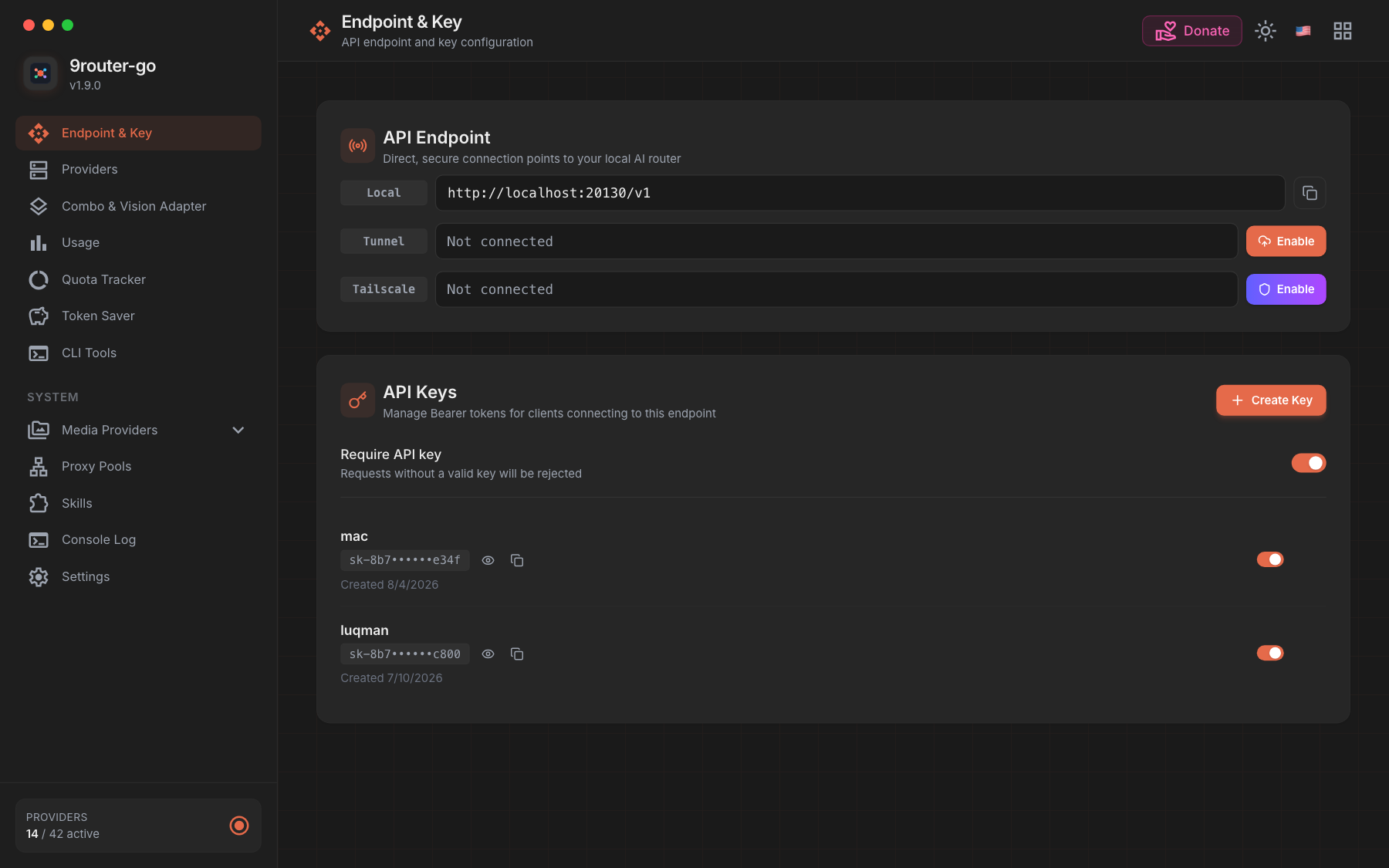 9router-go dashboard โ Endpoint & API key setup