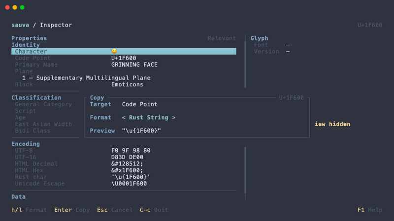 Copy a code point as a Rust string from Inspector