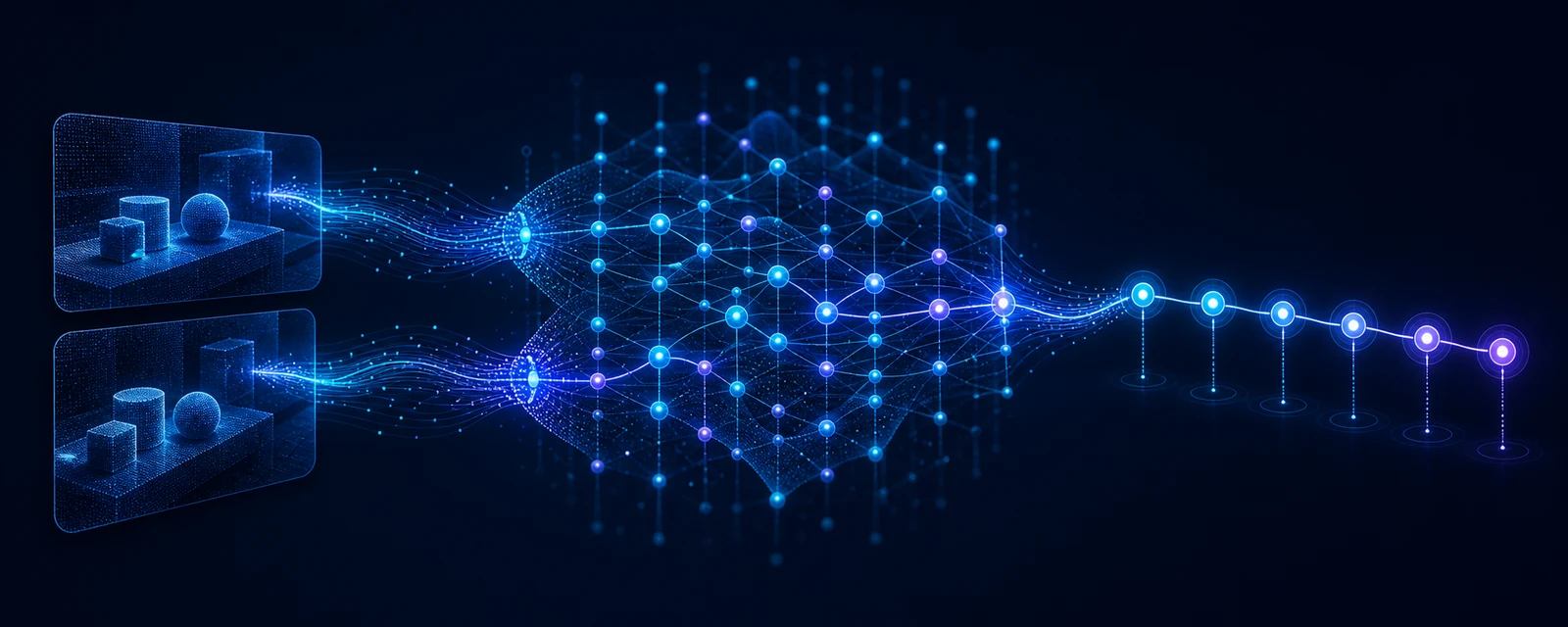 Two synchronized observations flowing through vector memory into a candidate action trajectory