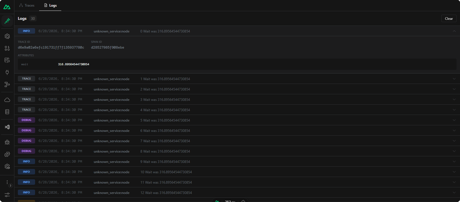 Logs view - expandable log entries with severity badges