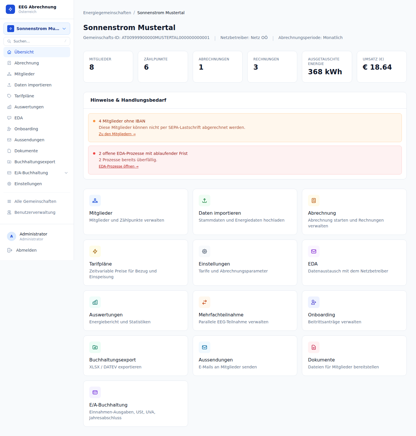 Screenshot des eegabrechnung-Dashboards