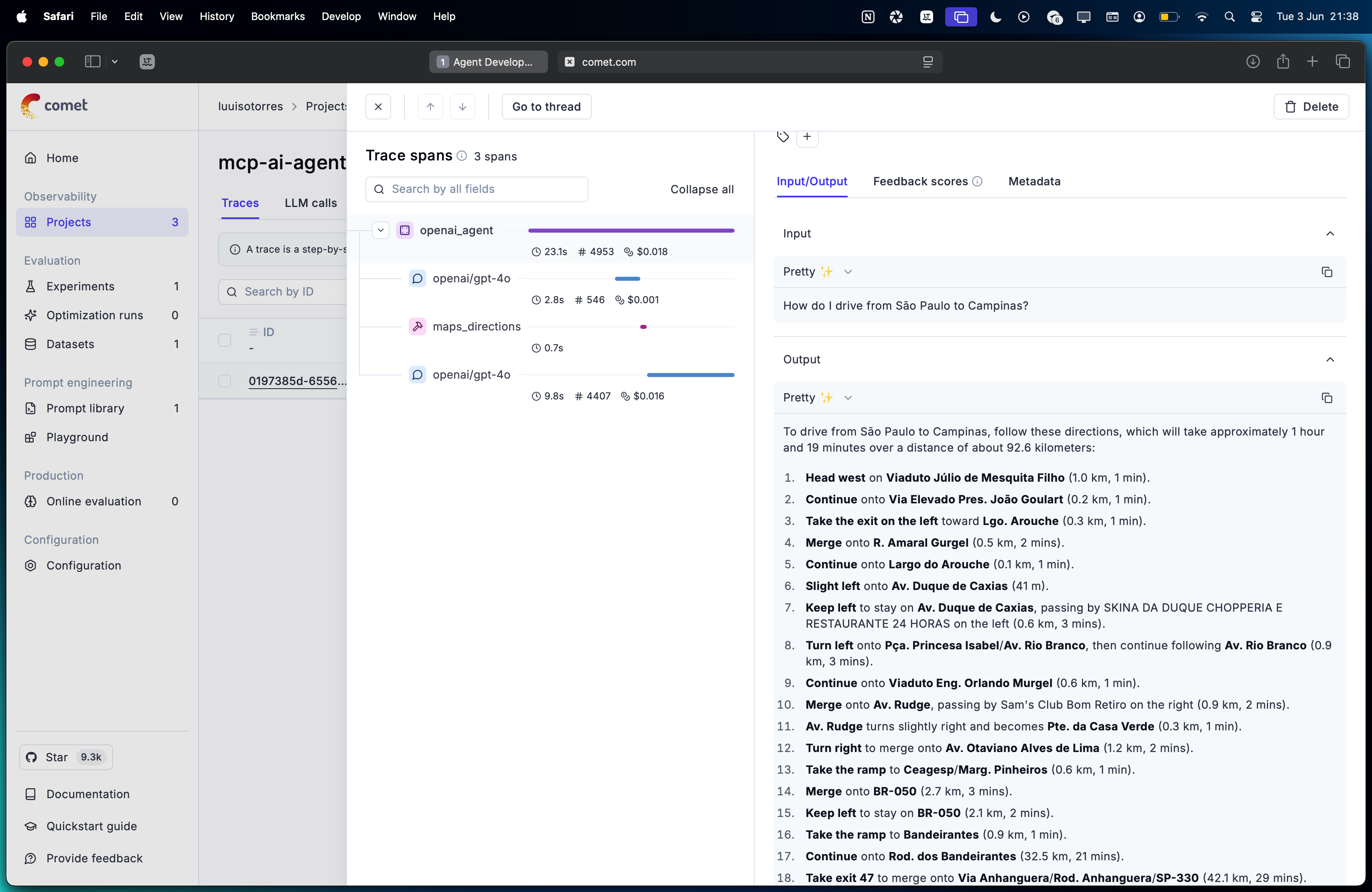 Opik Trace Detail for Maps Direction