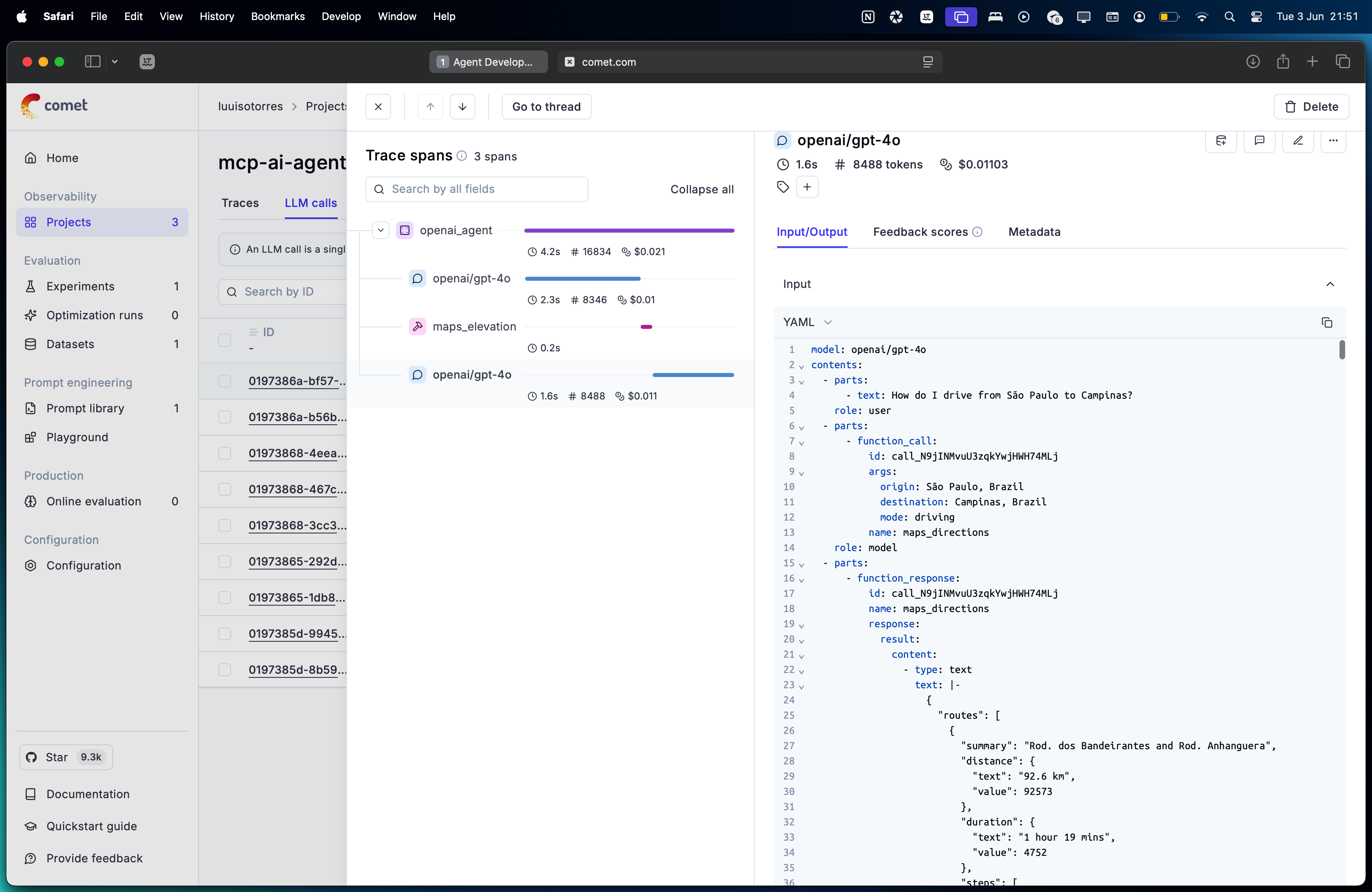 Opik Trace YAML for Maps Direction