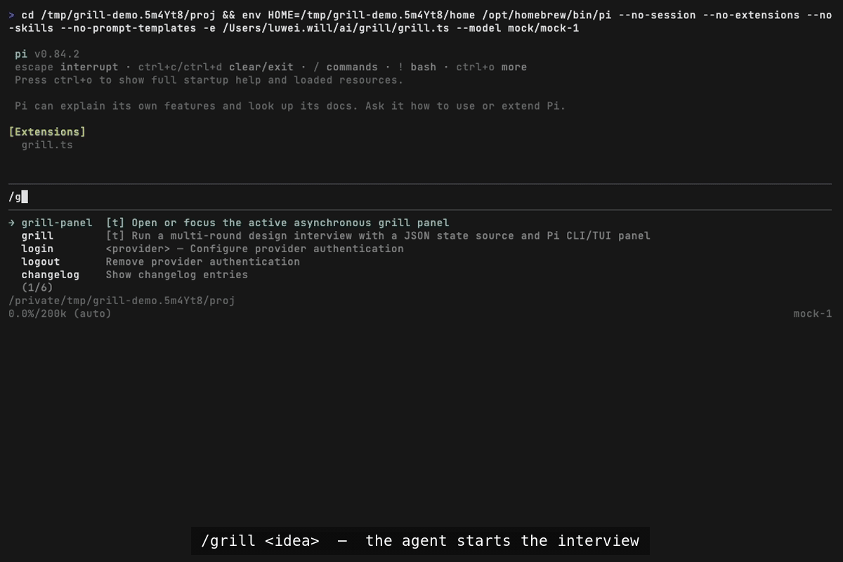 pi-grill demo: answer, refine, note, skip, custom answer, converge, plan