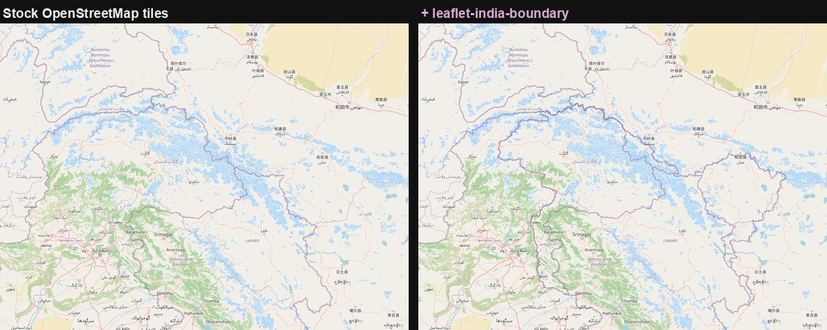 Stock OpenStreetMap tiles on the left; the same view with leaflet-india-boundary on the right, adding India's claimed boundary through Jammu & Kashmir, Ladakh and Aksai Chin in the basemap's own border style
