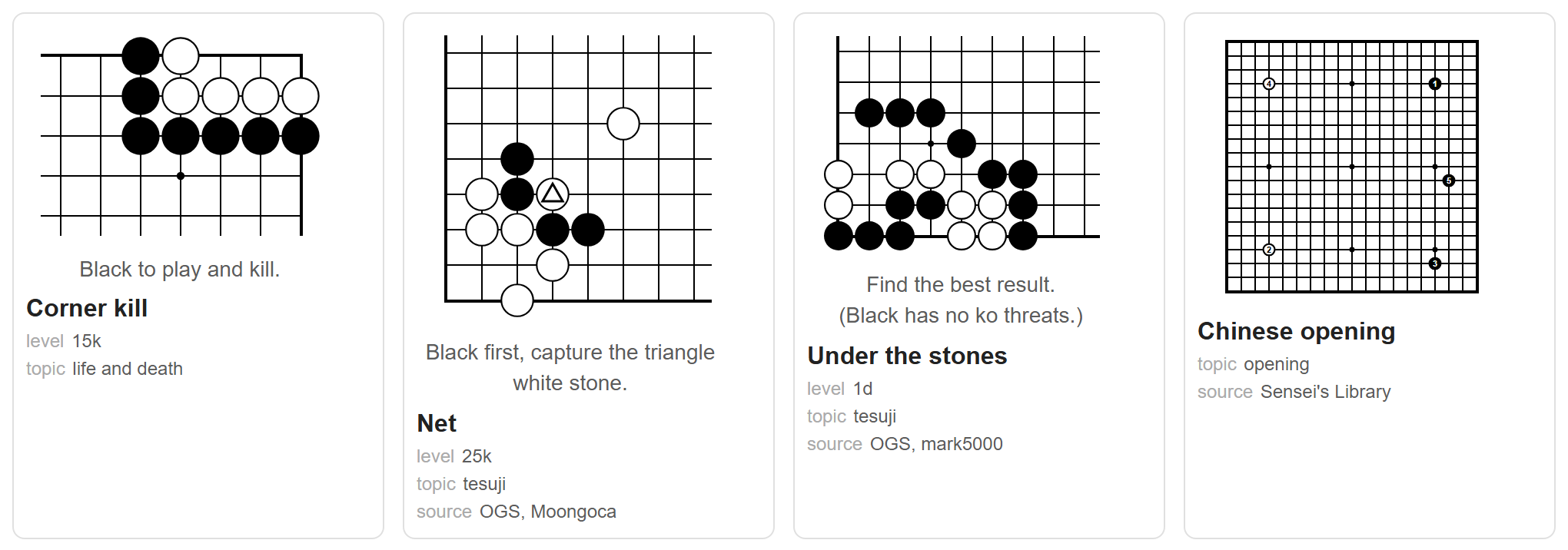 A base shown as Kifu boards: problems with their level and topic, and a numbered opening