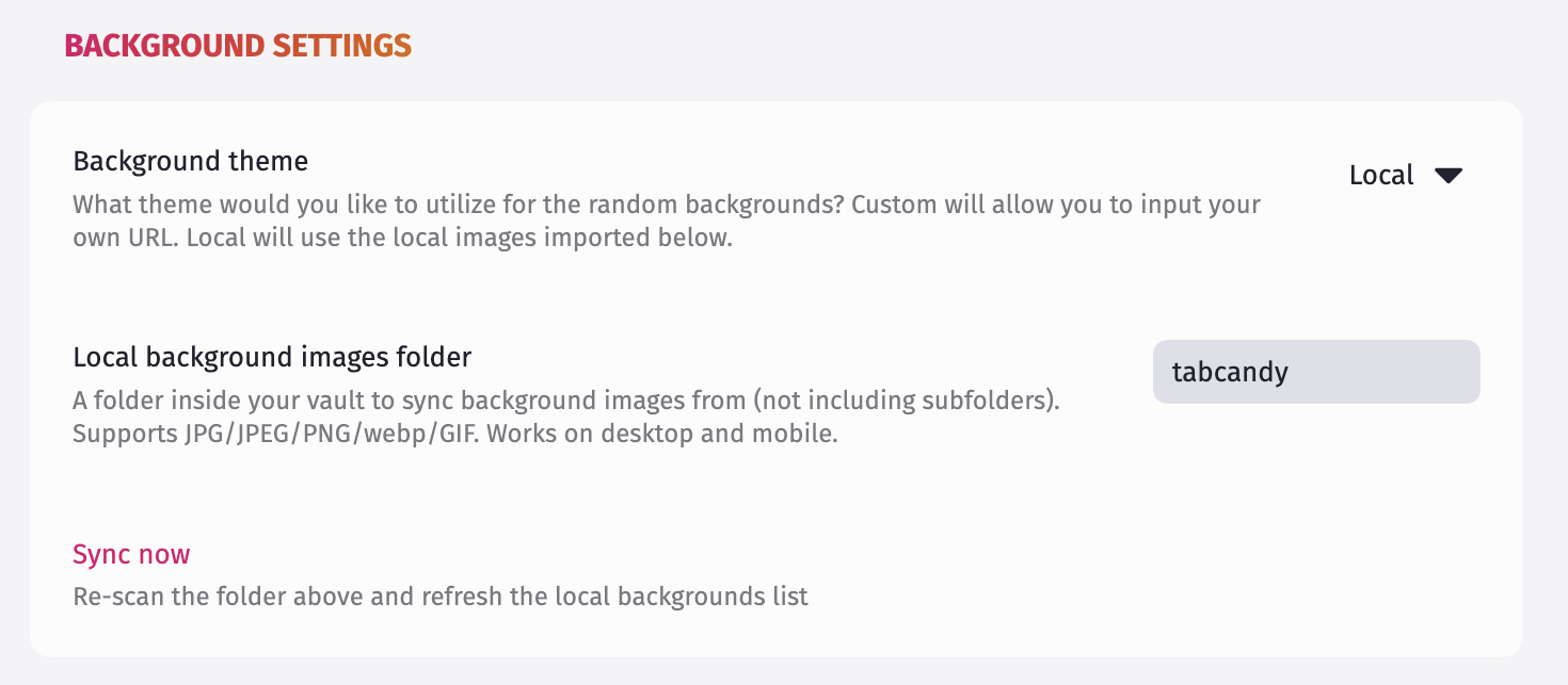 A screenshot showing the Tab Candy background settings