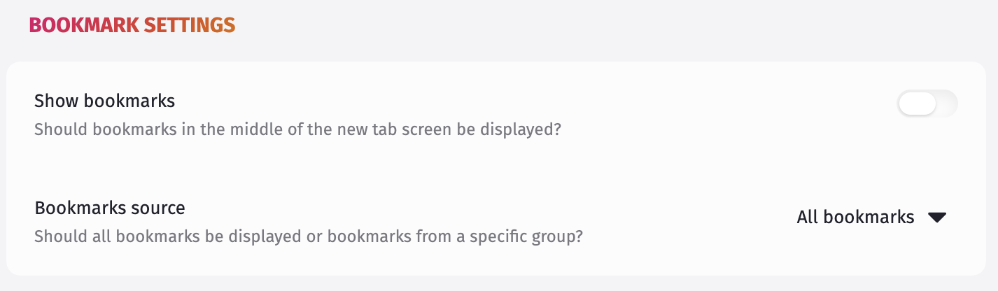 A screenshot showing the Tab Candy bookmarks settings