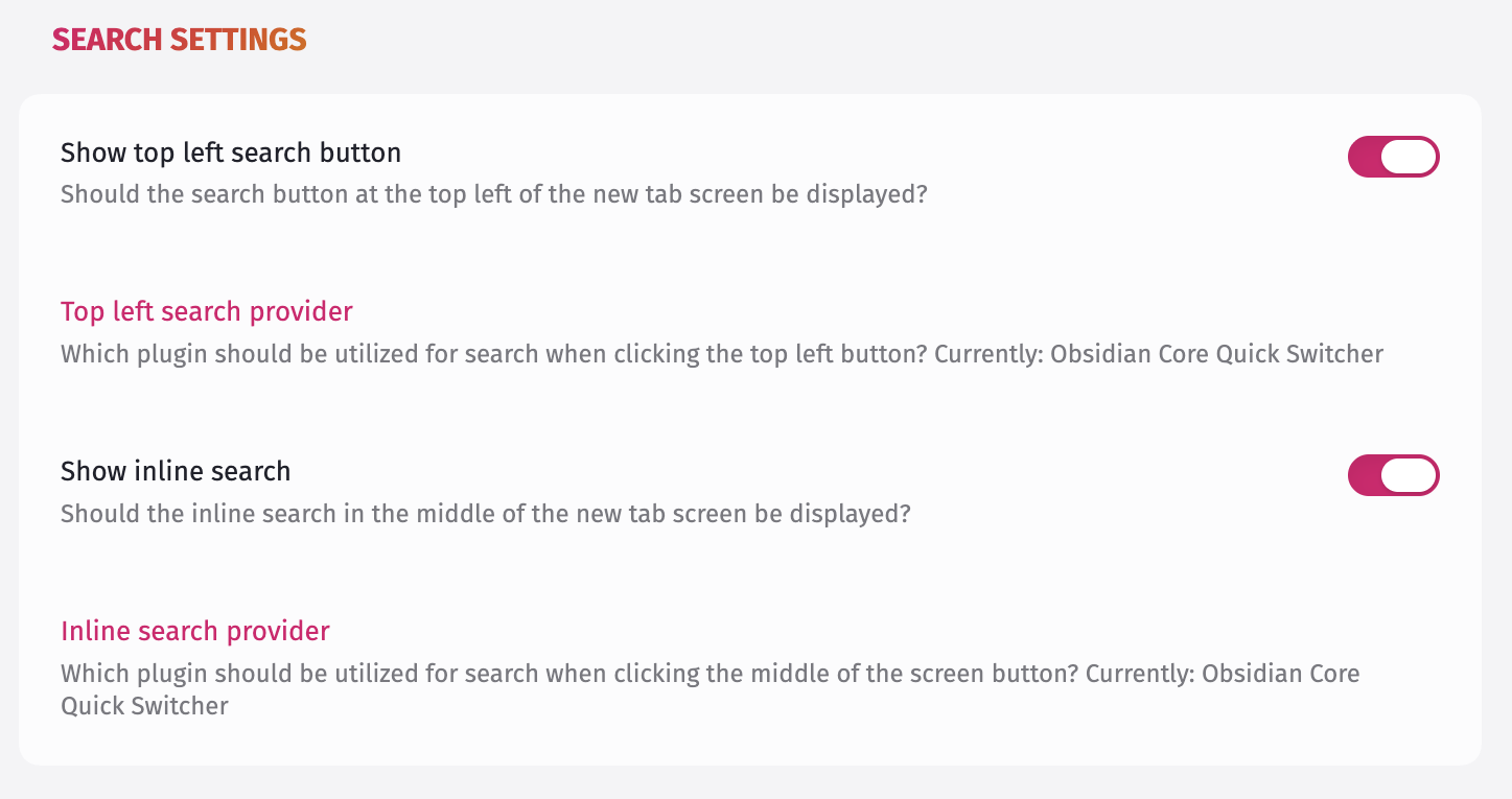 A screenshot showing the Tab Candy search settings