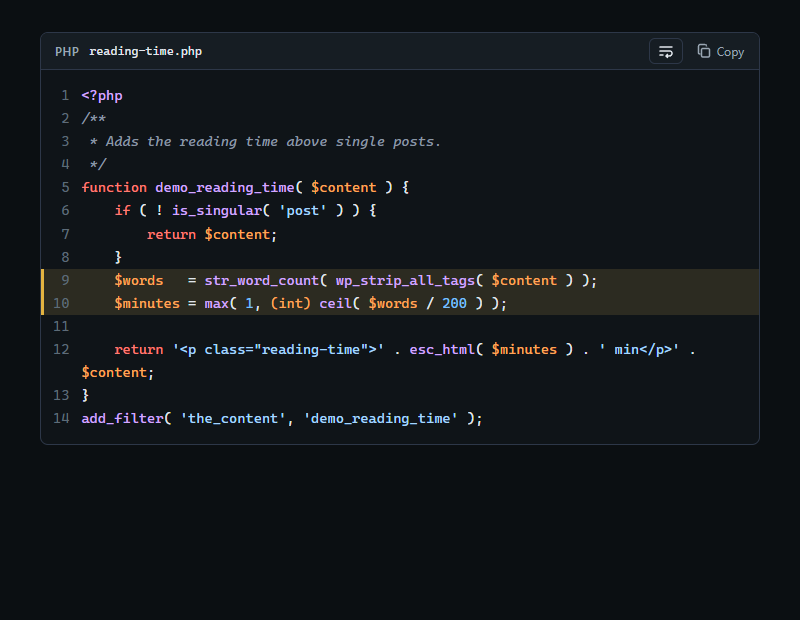 Dark mode with line numbers and highlighted lines