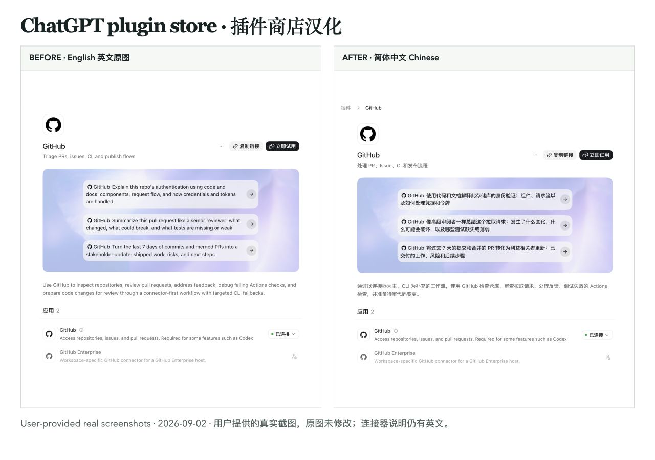 GitHub plugin detail in English and Simplified Chinese, real user-provided screenshots