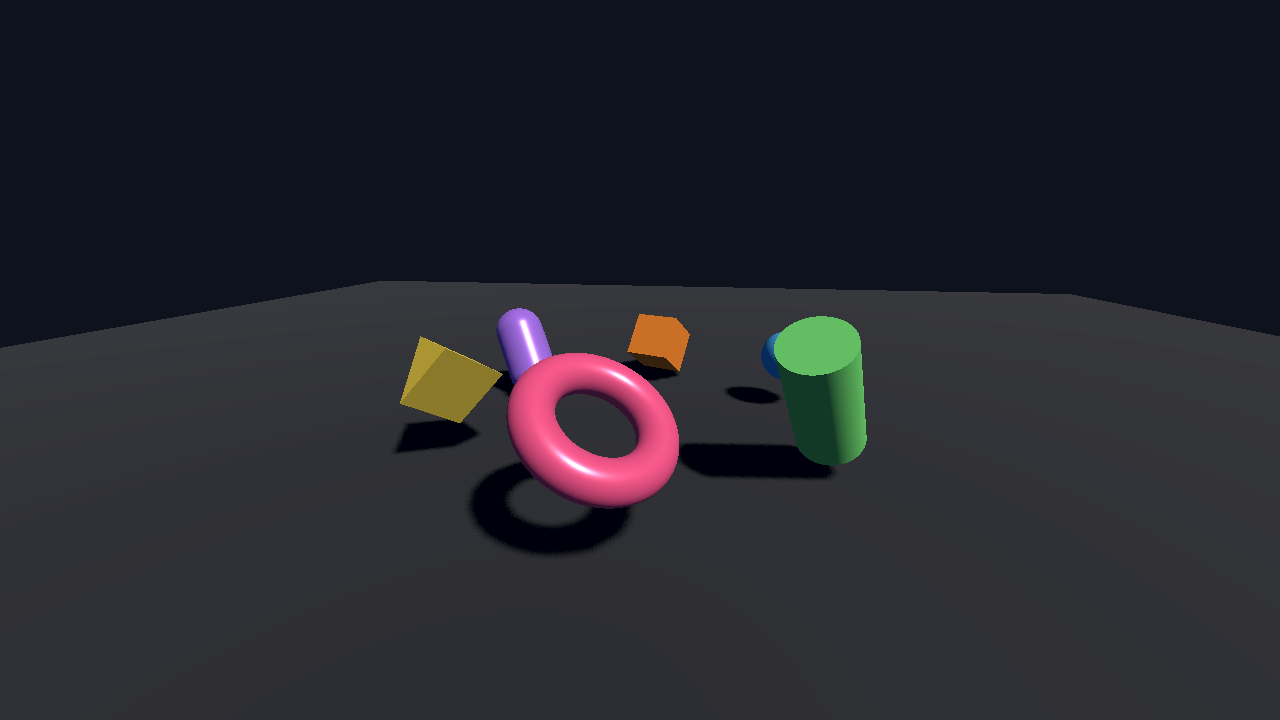 Six PBR meshes with a directional light and real-time shadows