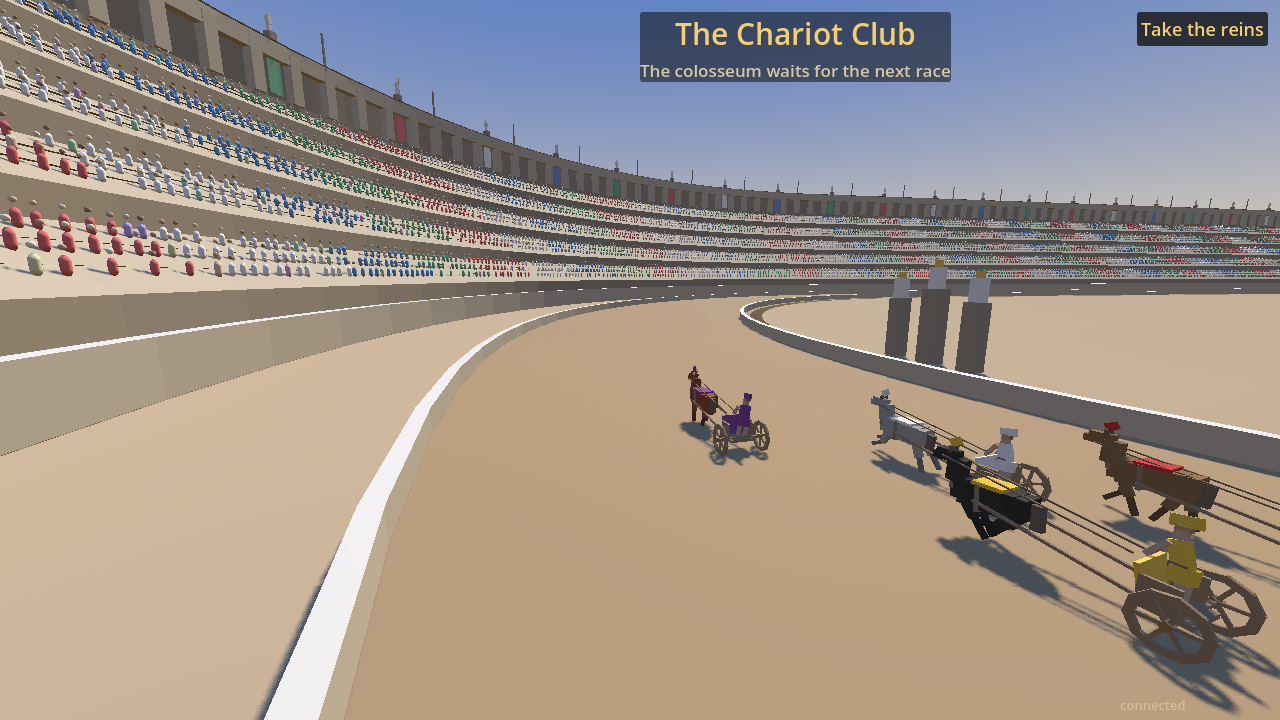 The Chariot Club: a Roman colosseum with crowded stands and chariots, rendered in Godot through WebGPU