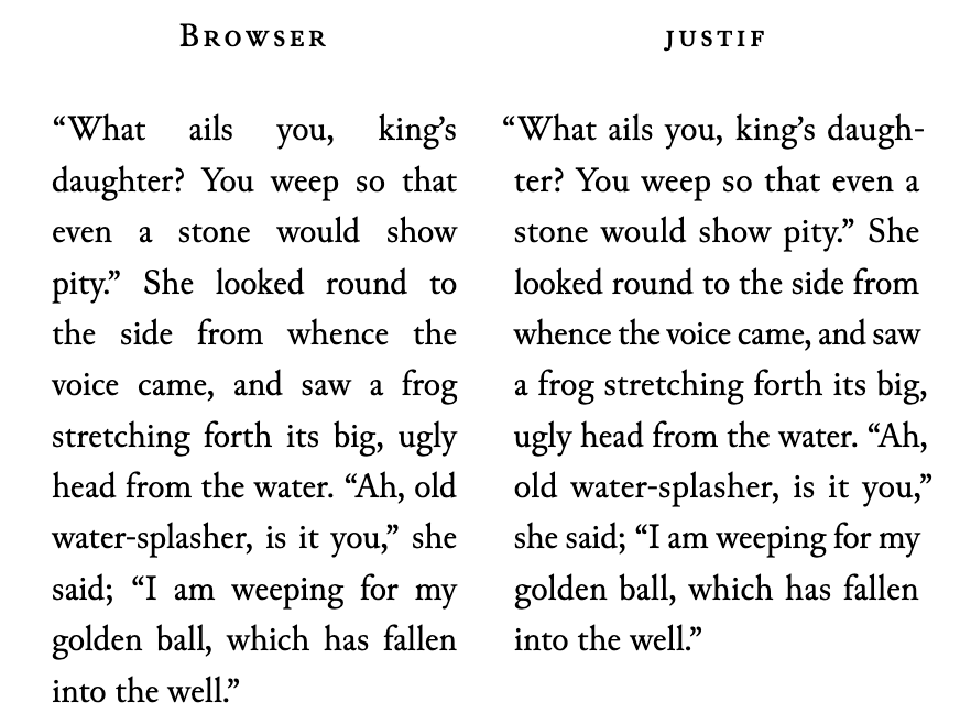 Native browser justification with uneven spacing compared with Justif's more balanced line breaks