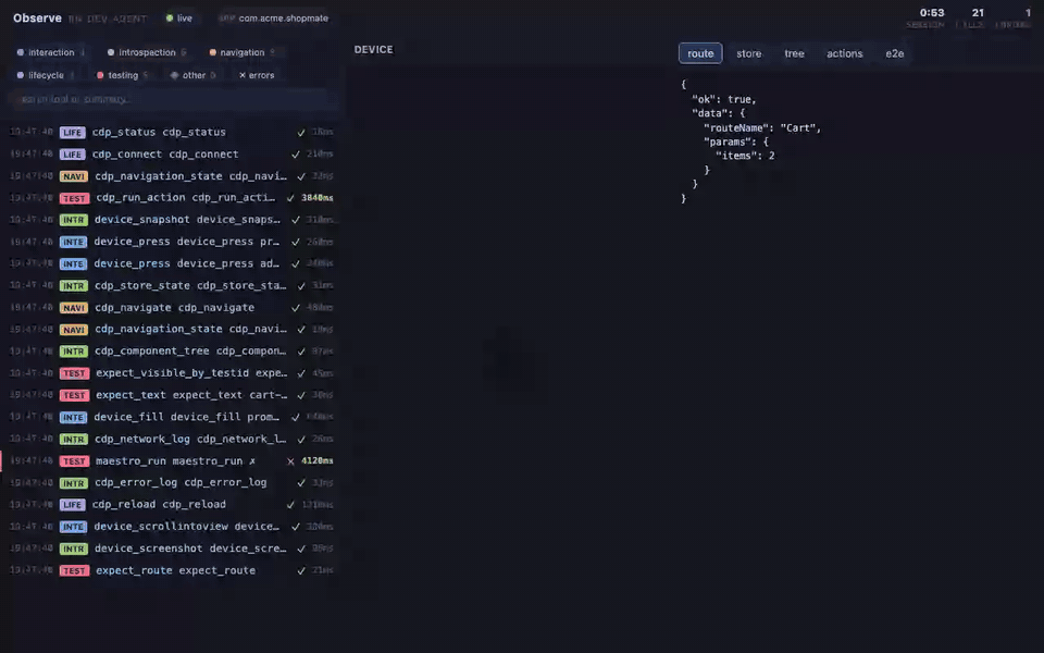 The observe UI live: inspecting a failed flow, checking store state, replaying a saved action, and running the locked E2E suite — all from the browser
