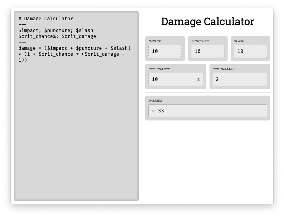 demo showing a damage calculation