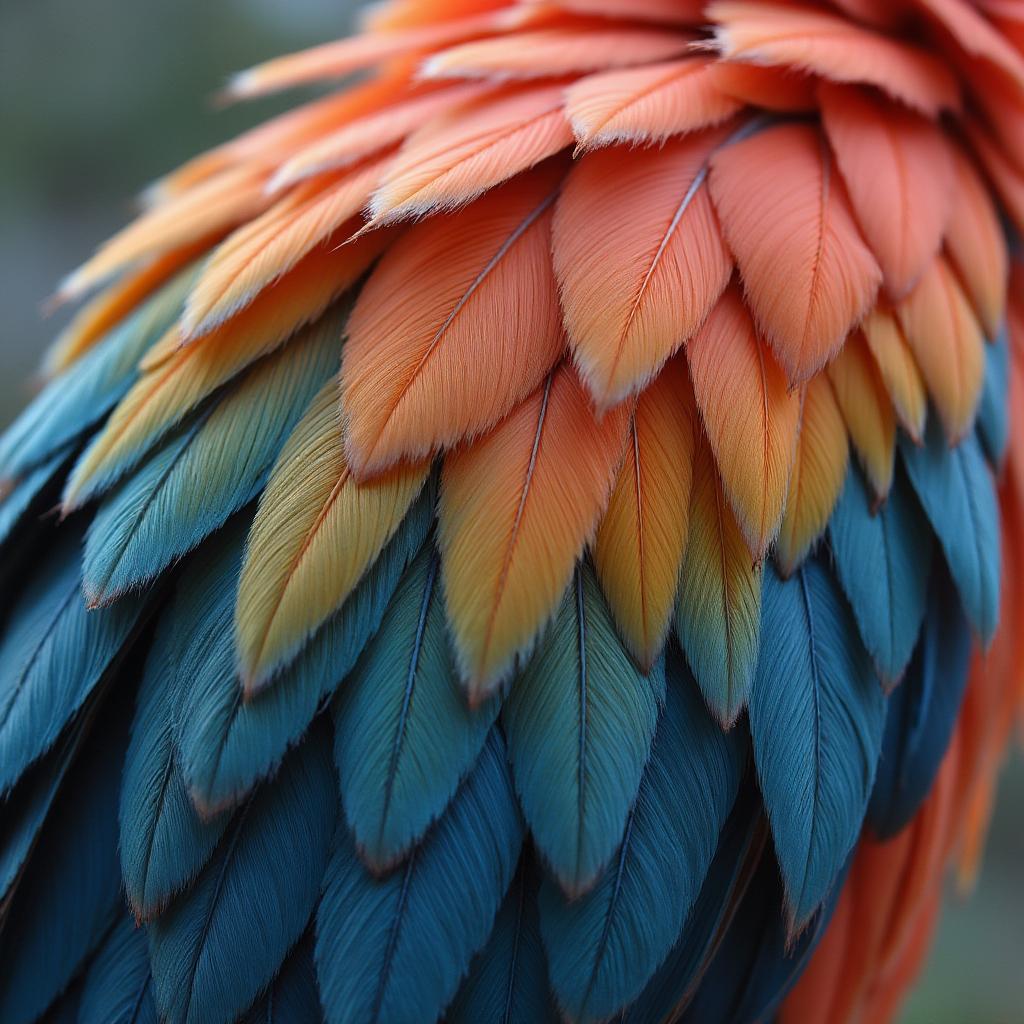 Close-up of feathers showing detailed texture in coral and blue colors