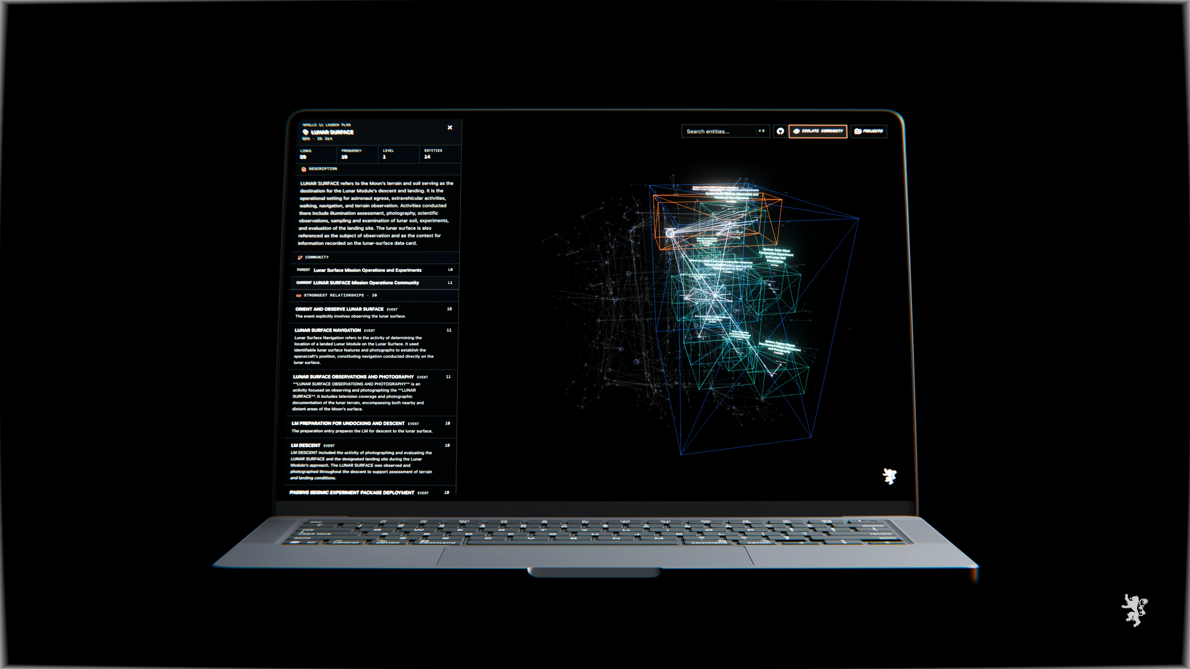 GraphRAG Workbench 2.0 showing an isolated lunar-surface community and entity inspector in a front-on MacBook render