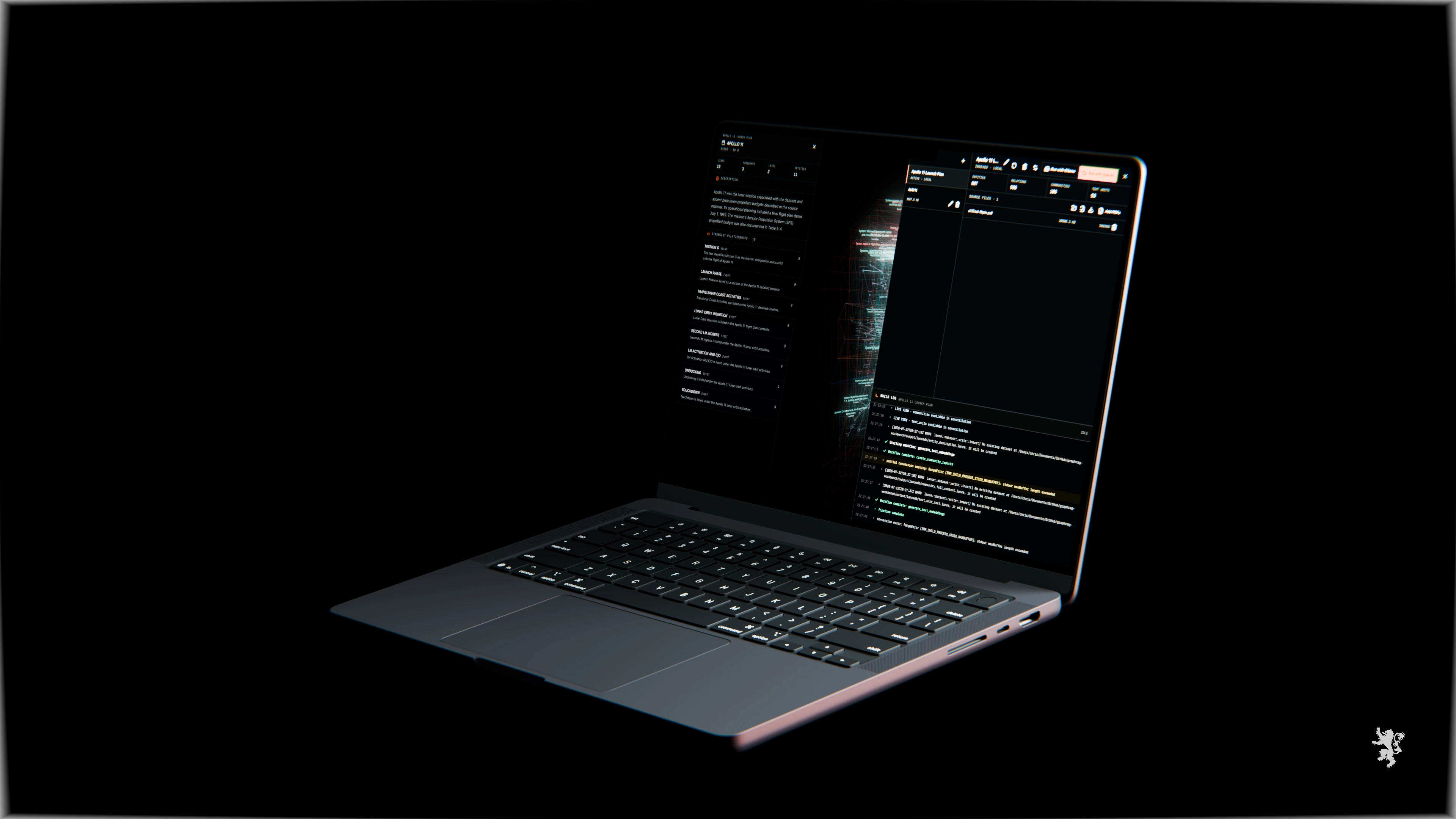 GraphRAG Workbench 2.0 with the Inspector and Projects workspace open in a 45-degree MacBook render