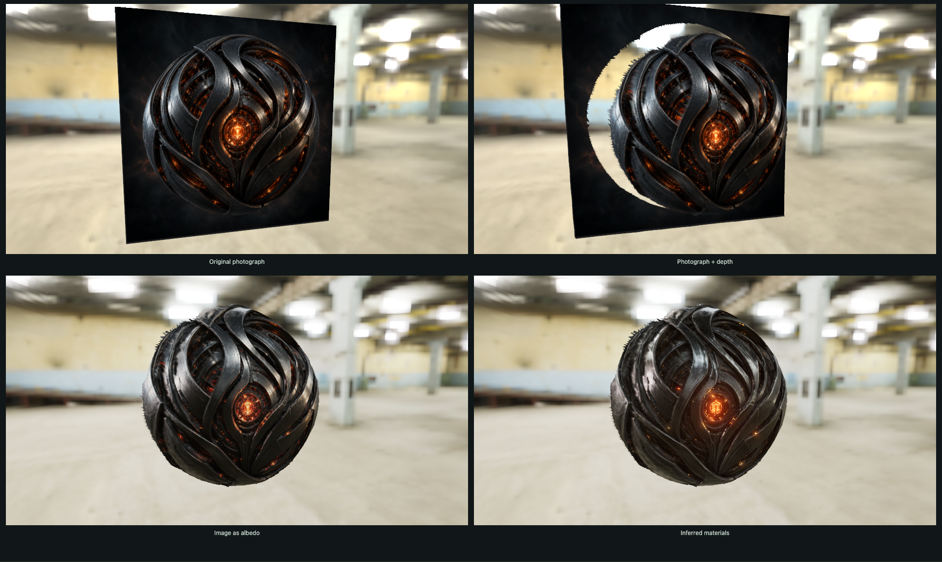 Four synchronized views compare the original photograph, recovered depth, image-based relighting and inferred materials with glow