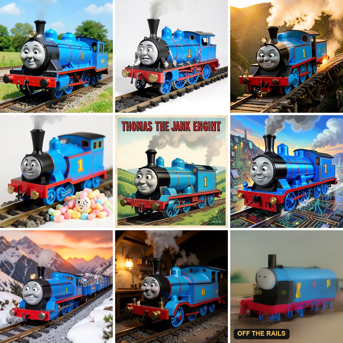 Nine images generated in the browser of a bright blue tank engine with a round grey face: on a sunny branch line, held together with duct tape, climbing a trestle bridge at golden hour, beside a pile of worried jelly beans, on a poster titled THOMAS THE JANK ENGINT, built from circuit boards, pulling wagons of graphics cards through snowy mountains, asleep in a lantern-lit engine shed, and the first portrait again at the Off the Rails jank level, blurry and melted