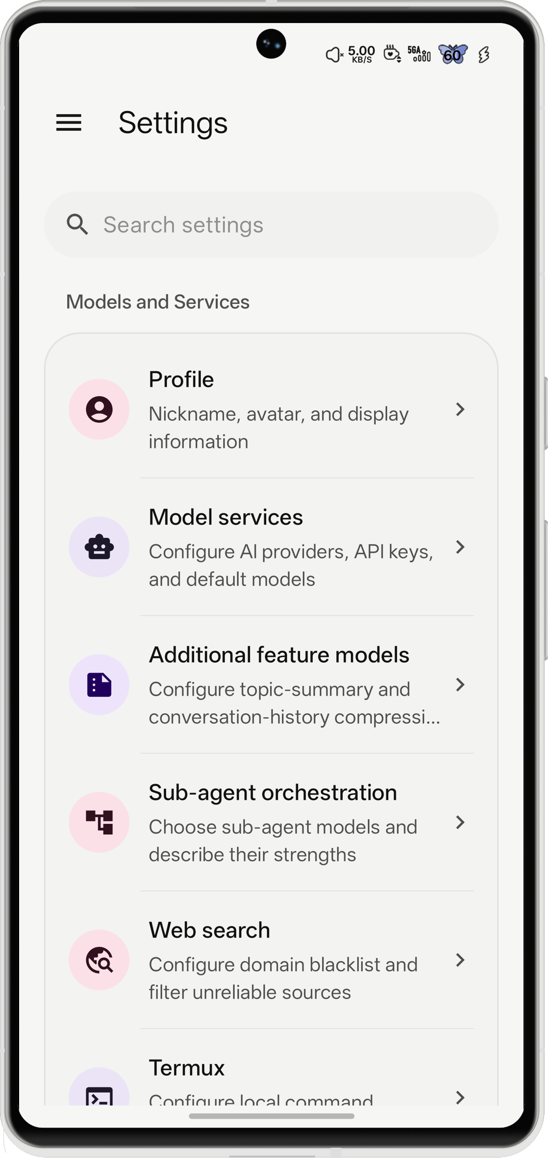 Settings screen