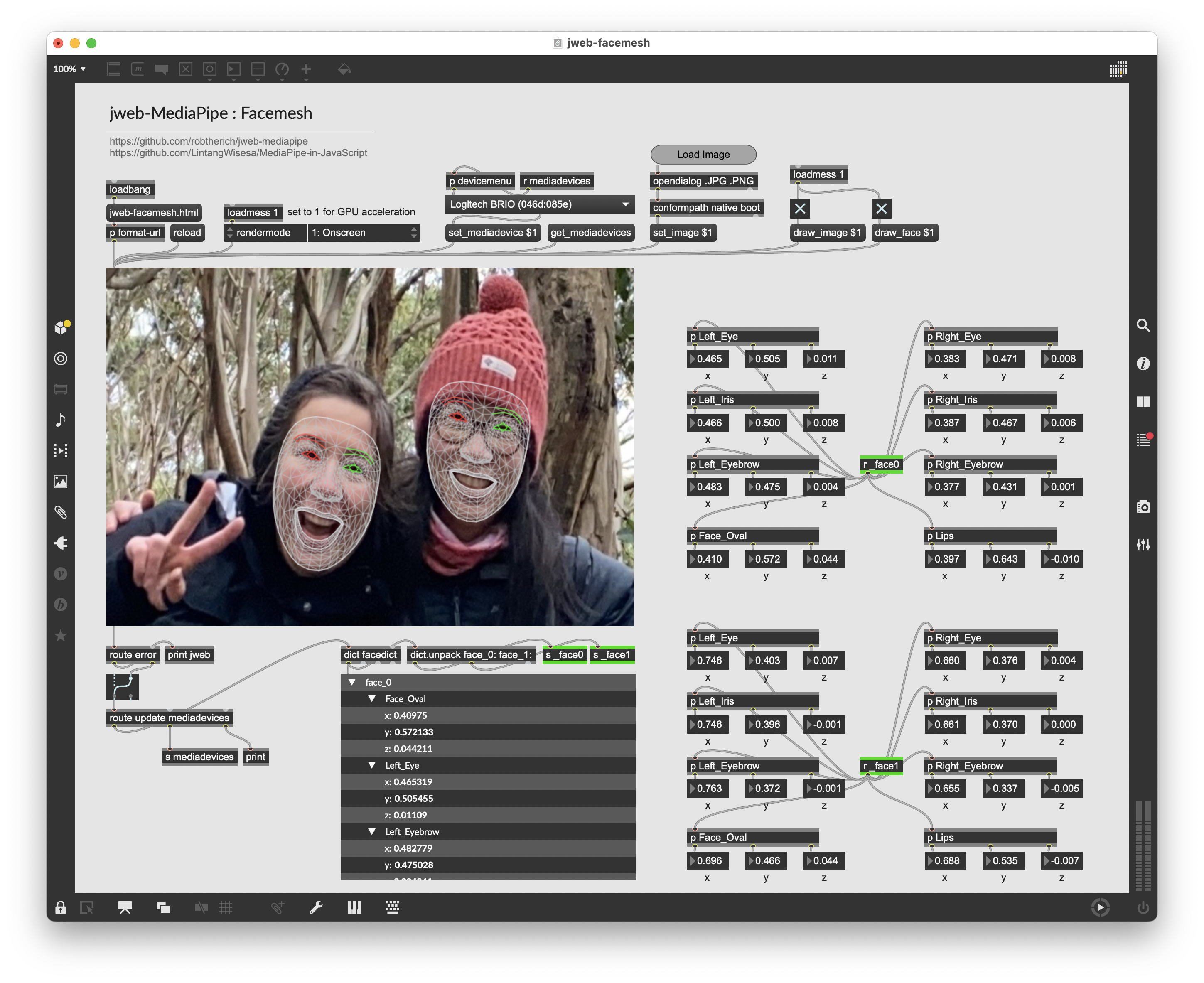 Max patcher screenshot of jweb-facemesh