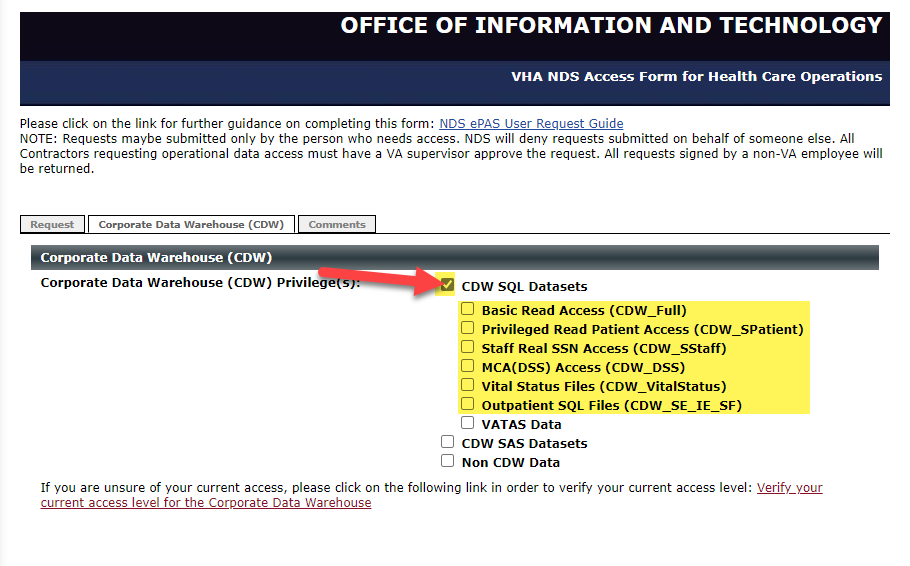 Image of highlighted CDW SQL Datasets to choose.