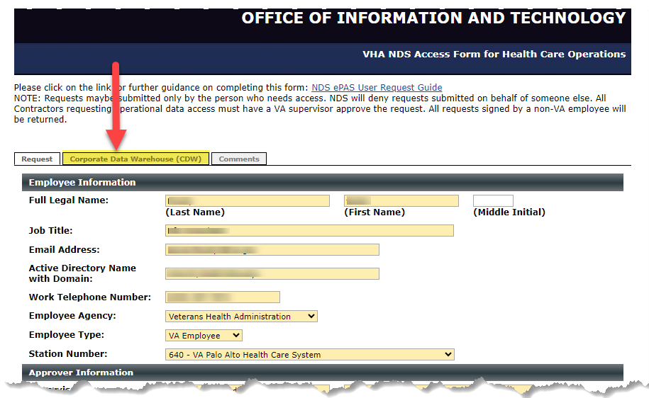 Image of highlighted Corporate Data Warehouse tab.