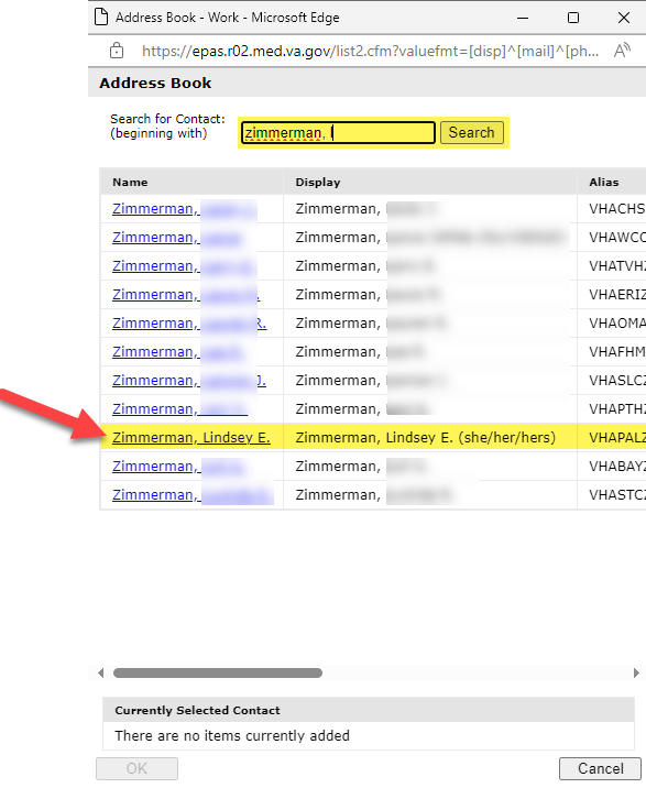 Image of lookup supervisor search results.