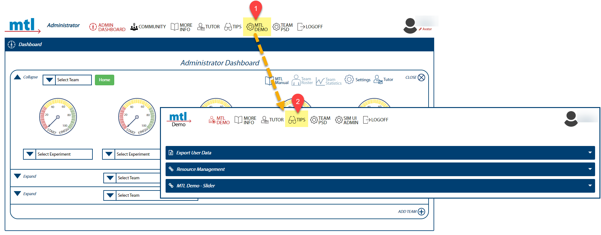 Image showing visual of steps to access the _MTL_ Demo admin page.