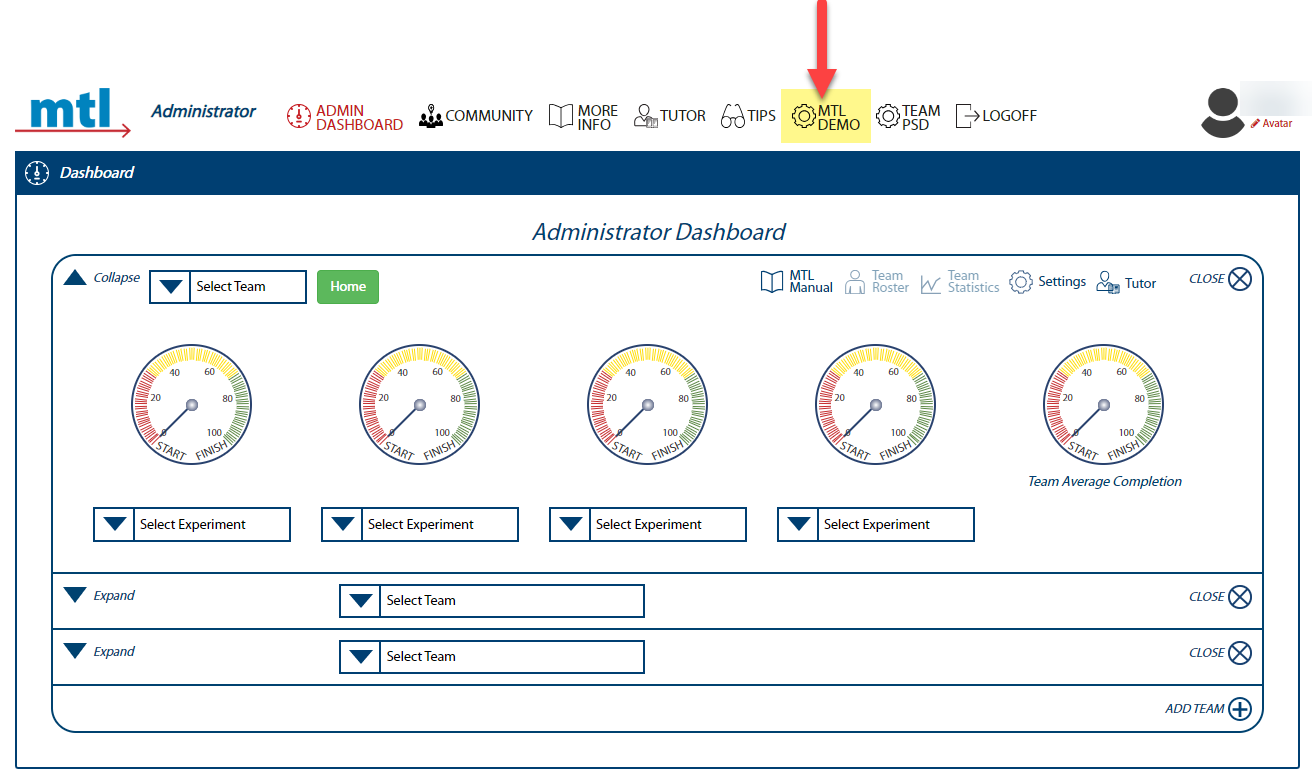 Image showing Administrator Dashboard with _MTL_ Demo icon highlighted.