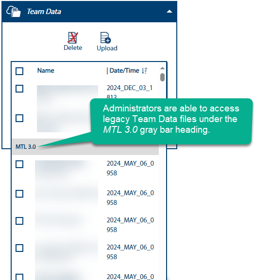 Image of Team Data window contents as seen by an Administrator.