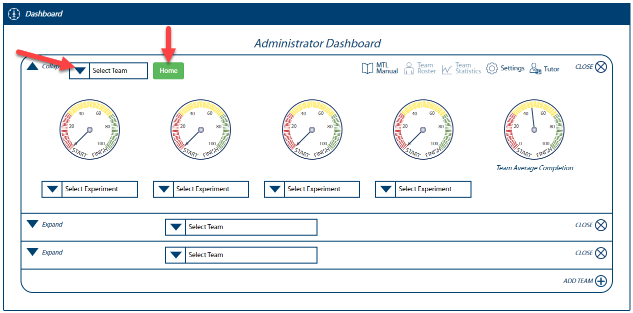 Image of Administrator Dashboard with arrows showing how to navigate to a team's Home page.