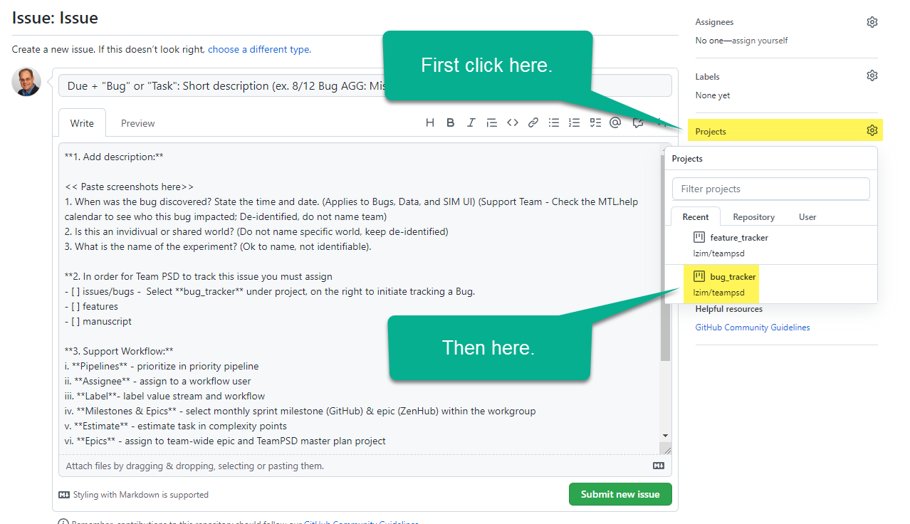 Image of GitHub Issue Form showing how to route it to the bug_tracker project.