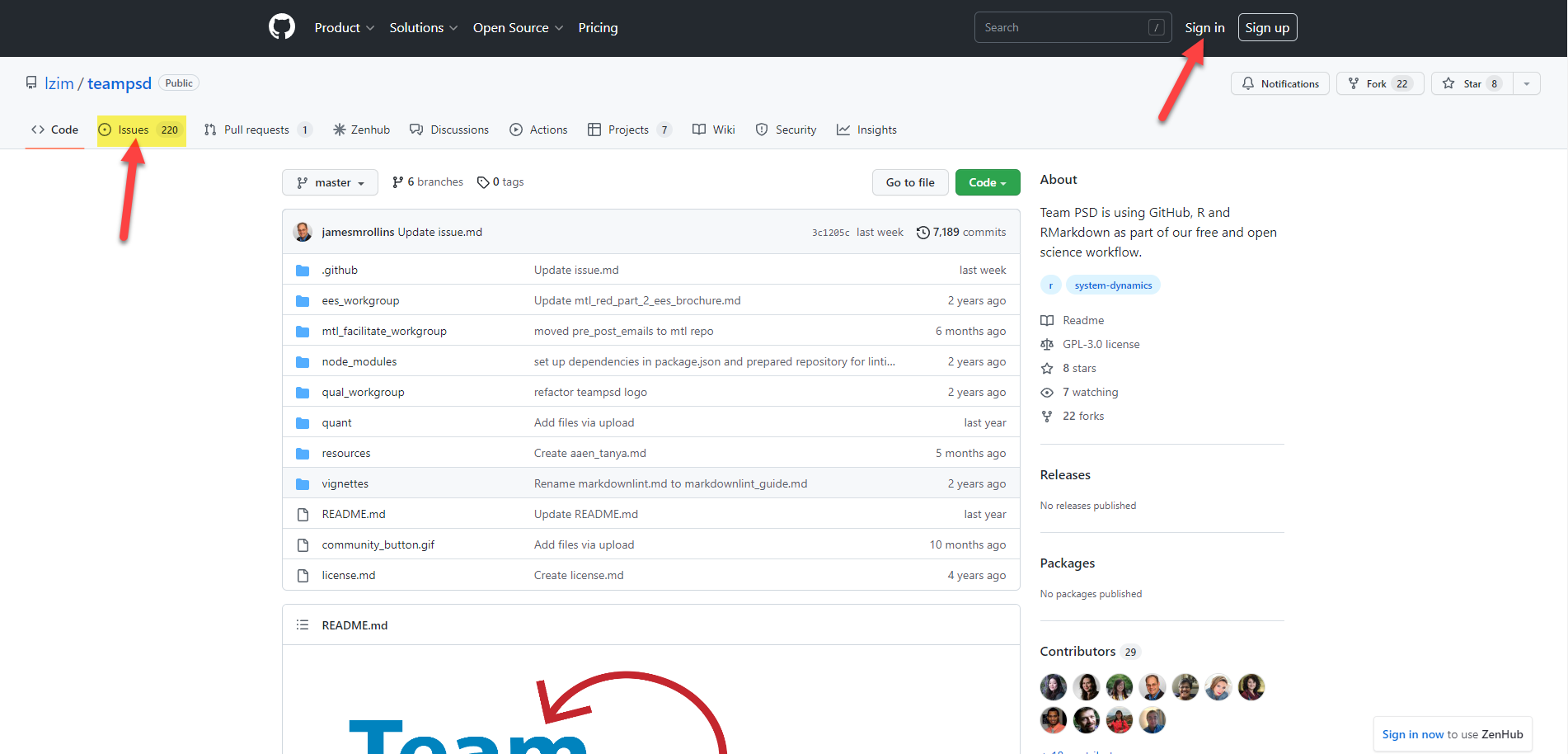 Image of GitHub page with arrows pointing to Sign In button and Issues tab within the teampsd repo.