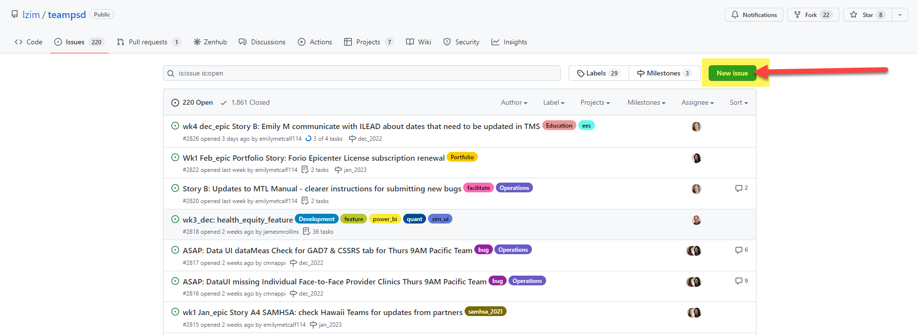 Image of GitHub issue page with the New issue button highlighted.