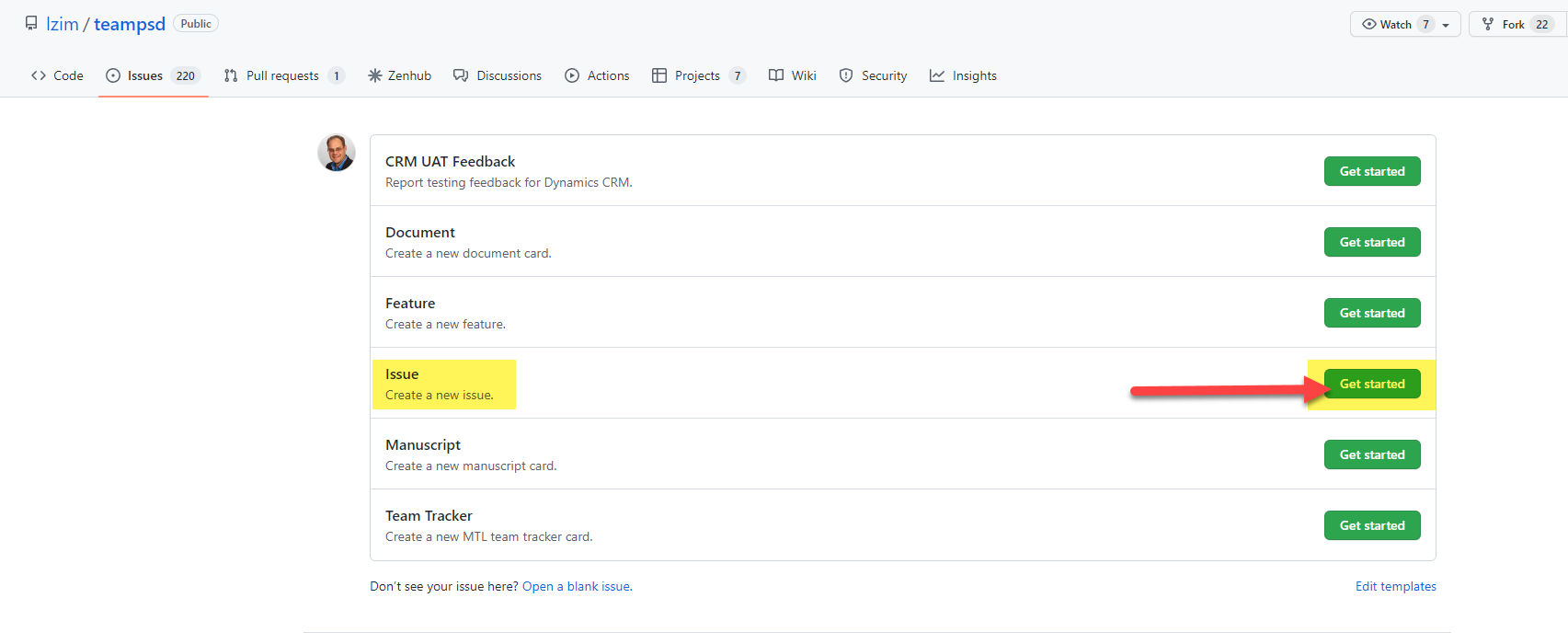 Image of new GitHub issue page with the Get Started button highlighted.