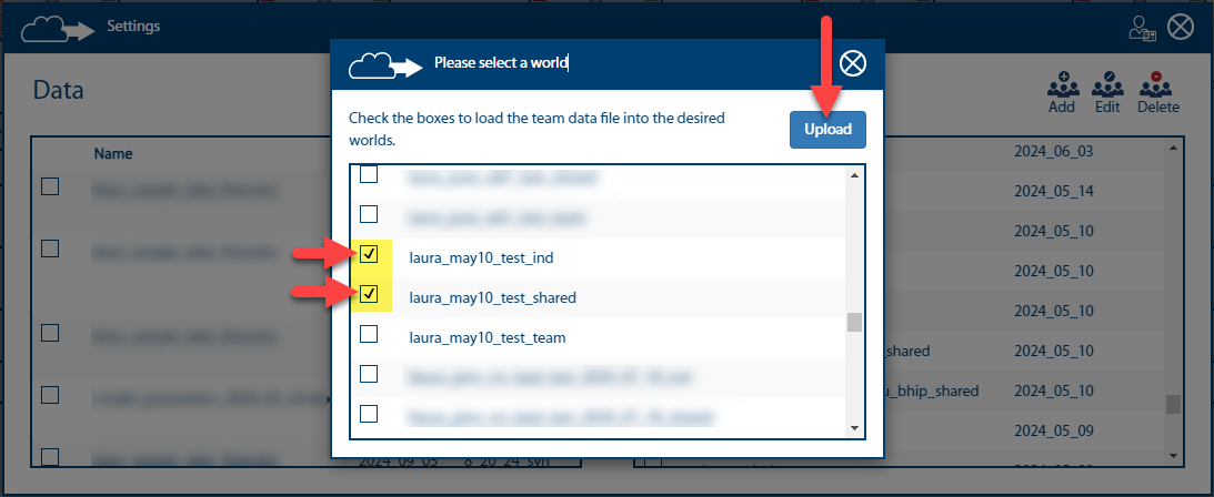Image of highlighted worlds selected and arrow pointing at the Upload button.