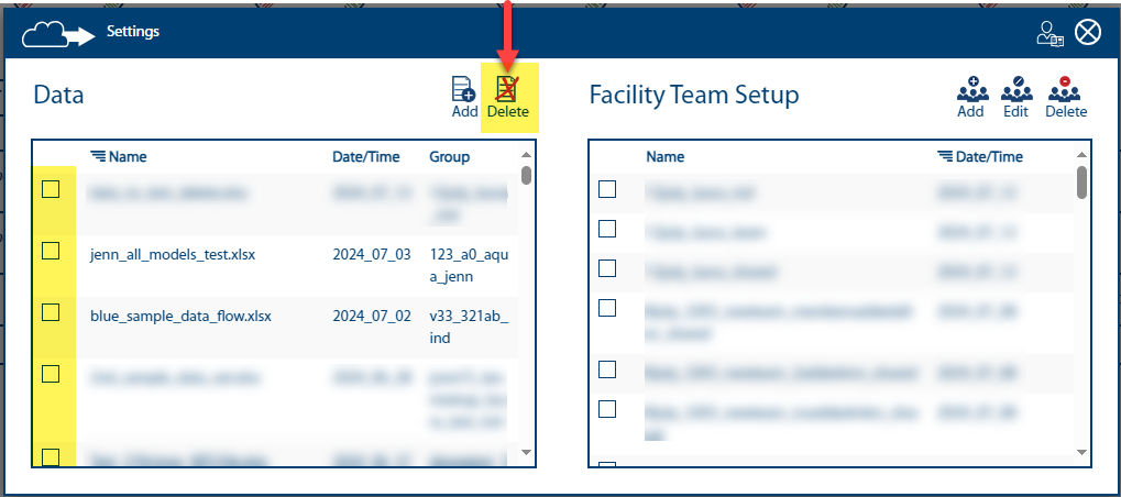 Image of Settings - Data window with possible data file selections highlighted and an arrowpointing to the Delete button.