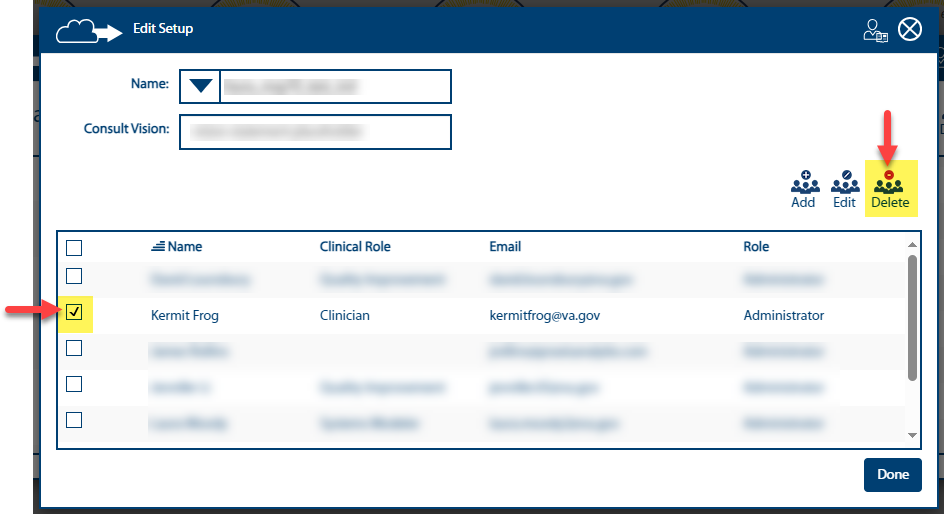 Image of Edit Setup pop-up with arrows pointing at selected member and the Delete button.