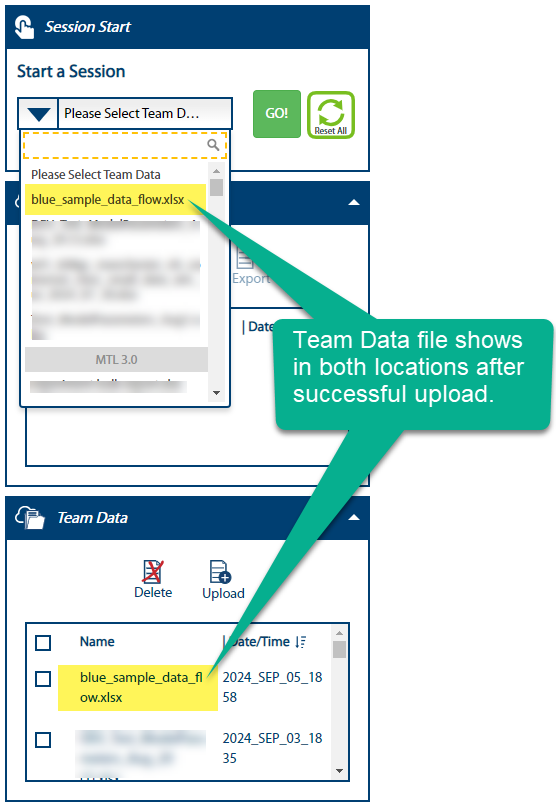 Image of team data file showing in both Team Data and Session Start blue bars.