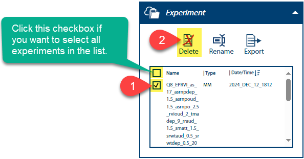 Image of the Experiment window with numbered pins showing steps 1 and 2 for deleting an experiment.