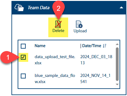 Image of the Team Data window with numbered pins showing steps 1 and 2 for deleting a or multiple team data files.