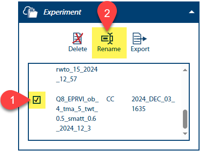 Image of the Experiment window with numbered pins showing steps 1 and 2 for renaming an experiment.